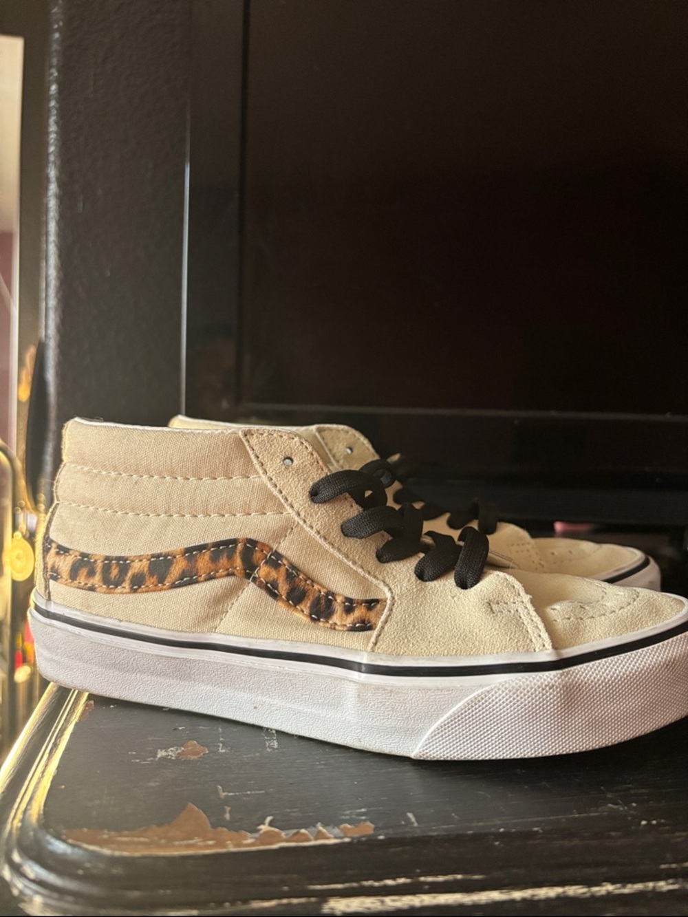 Vans Beige High-Top Sneakers with Leopard Stripe